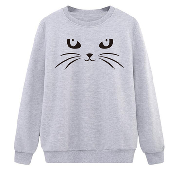 Pulover din bumbac cu imprimeu de pisică, guler rotund, mâneci lungi, croială slim, toamnă 2023