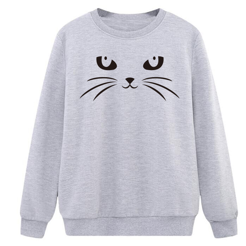 Pulover din bumbac cu imprimeu de pisică, guler rotund, mâneci lungi, croială slim, toamnă 2023