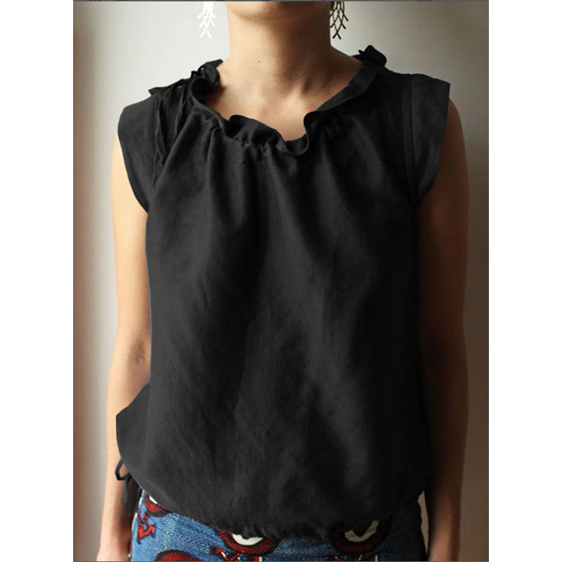 Top fără mâneci din bumbac și in, cu șnur, stil casual-birou, 95%+ conținut fibră principală