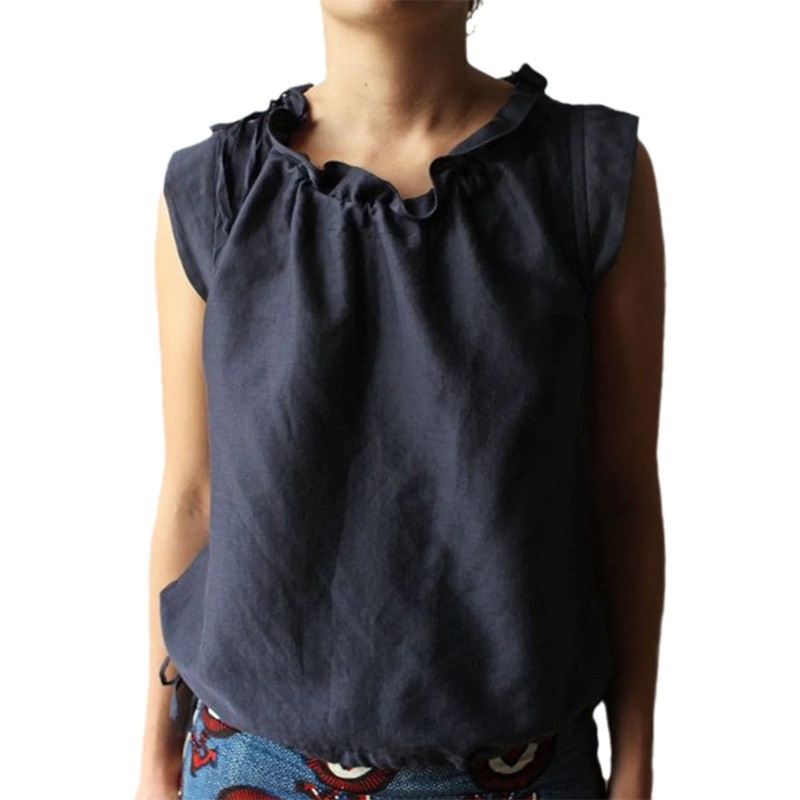 Top fără mâneci din bumbac și in, cu șnur, stil casual-birou, 95%+ conținut fibră principală