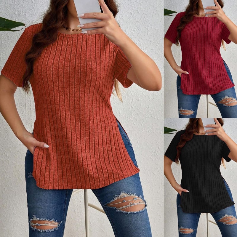 Moteriškas viršus iš riboto pynimo megztinio su apvaliu kaklu, trumpomis rankovėmis, šoninis įkirpimas; poliesteris 90–95%, spandeks <30%