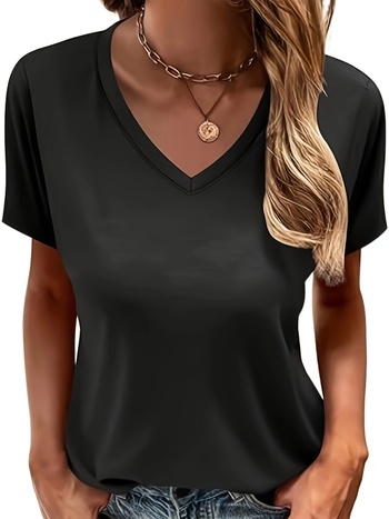 Женска тениска с V-образно деколте и къс ръкав, Slim fit, полиестер и еластан, украса с кристали