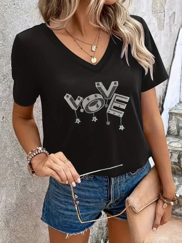 Tricou damă cu decolteu în V, mâneci scurte, croială Slim, poliester și elastan, cristal decorativ