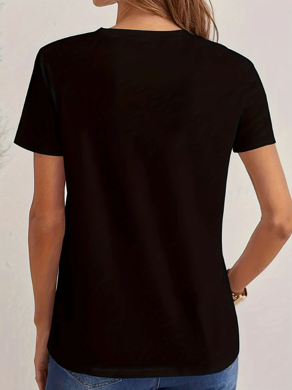 Tricou damă cu decolteu în V, mâneci scurte, croială Slim, poliester și elastan, cristal decorativ