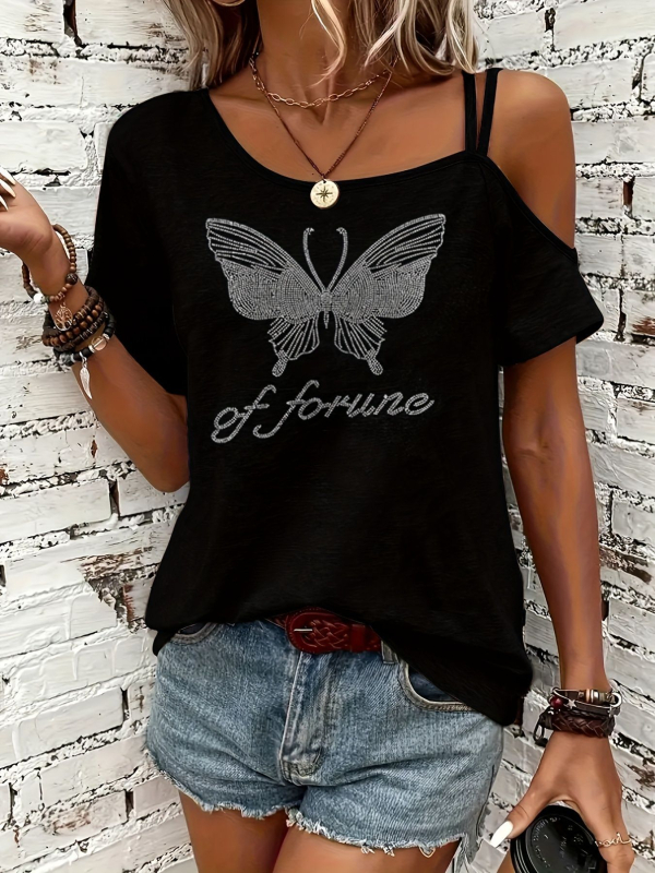 Tricou damă cu decolteu în V, mâneci scurte, croială Slim, poliester și elastan, cristal decorativ