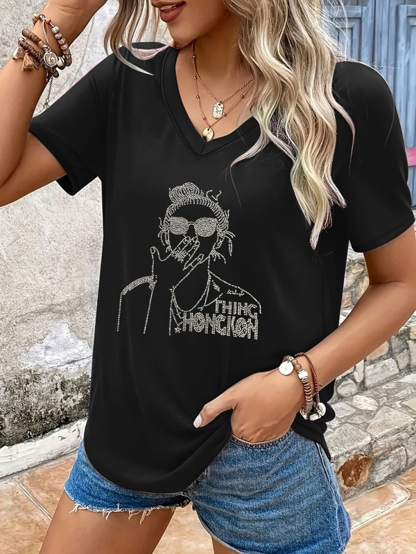 Tricou damă cu decolteu în V, mâneci scurte, croială Slim, poliester și elastan, cristal decorativ