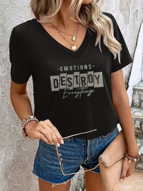 Tricou damă cu decolteu în V, mâneci scurte, croială Slim, poliester și elastan, cristal decorativ