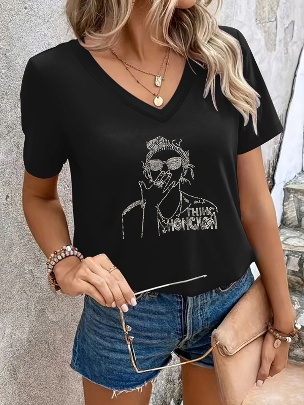 Tricou damă cu decolteu în V, mâneci scurte, croială Slim, poliester și elastan, cristal decorativ