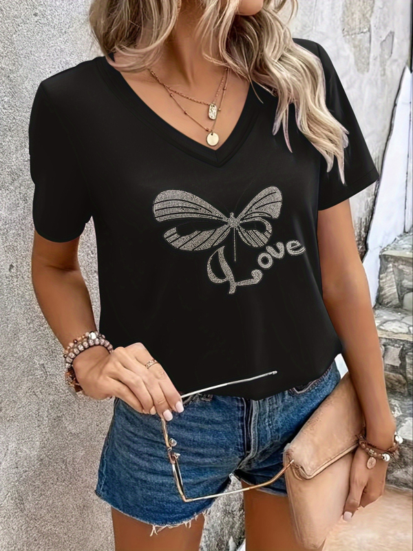 Tricou damă cu decolteu în V, mâneci scurte, croială Slim, poliester și elastan, cristal decorativ