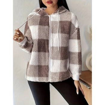 Cardigan cu glugă în carouri, croială lejeră, fermoar, țesut gros din amestec de lână și poliester