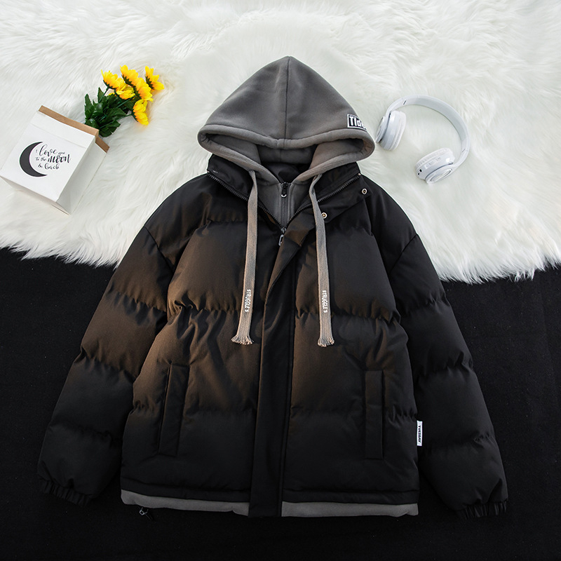 Korejskog stila kapuljačasta puffer jakna s lažnim dvodijelnim dizajnom, zatvarač, poliester punjenje i podstava