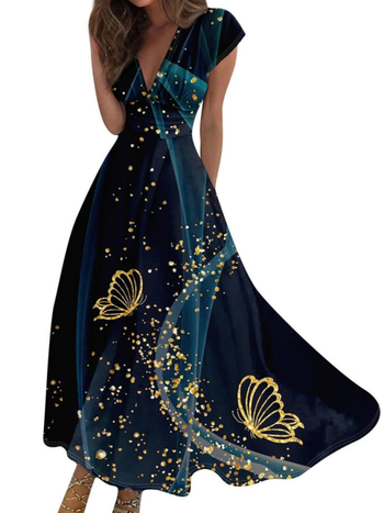 Рокля с V-образно деколте, без ръкави, дълга, 3D пеперуден принт върху полиестер (≥95%), пролет 2025