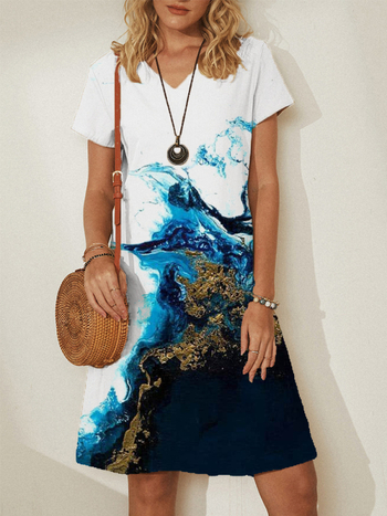 Φόρεμα σε αστικό χαλαρό στυλ με κοντά μανίκια, εκτύπωση, Α-γραμμής σιλουέτα, πολυεστέρας.