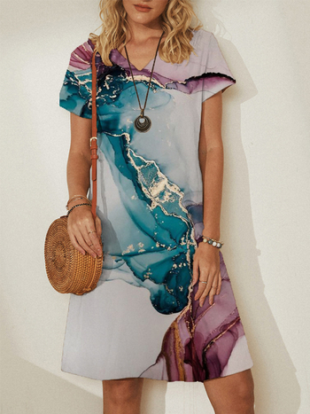 Φόρεμα σε αστικό χαλαρό στυλ με κοντά μανίκια, εκτύπωση, Α-γραμμής σιλουέτα, πολυεστέρας.