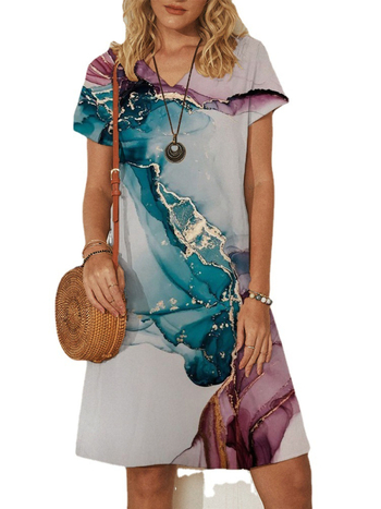 Φόρεμα σε αστικό χαλαρό στυλ με κοντά μανίκια, εκτύπωση, Α-γραμμής σιλουέτα, πολυεστέρας.