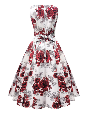 Φλοράλ φόρεμα χωρίς μανίκια, ρετρό στυλ, midi μήκος, γιακά σε σχήμα U