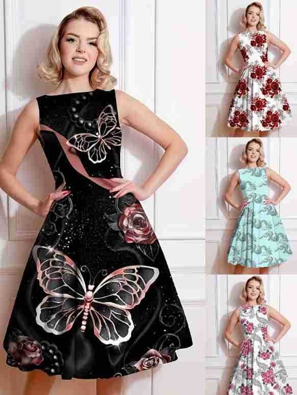 Φλοράλ φόρεμα χωρίς μανίκια, ρετρό στυλ, midi μήκος, γιακά σε σχήμα U