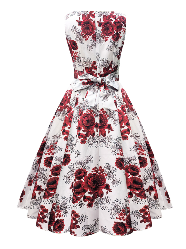 Φλοράλ φόρεμα χωρίς μανίκια, ρετρό στυλ, midi μήκος, γιακά σε σχήμα U