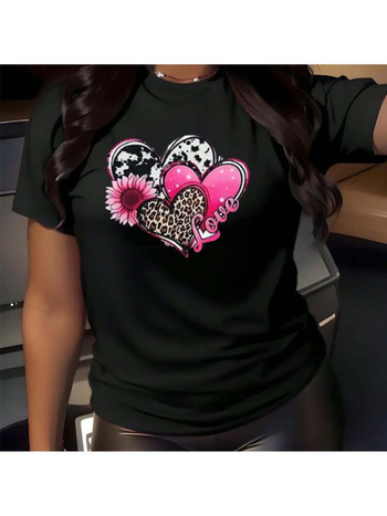 Tricou Love Print pentru Ziua Îndrăgostiților, din bumbac, guler rotund, mâneci scurte