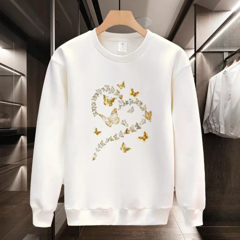 Unisex duksa s okruglim izrezom, fleece, opušten kroj, dugi rukavi, otisak leptir-srce