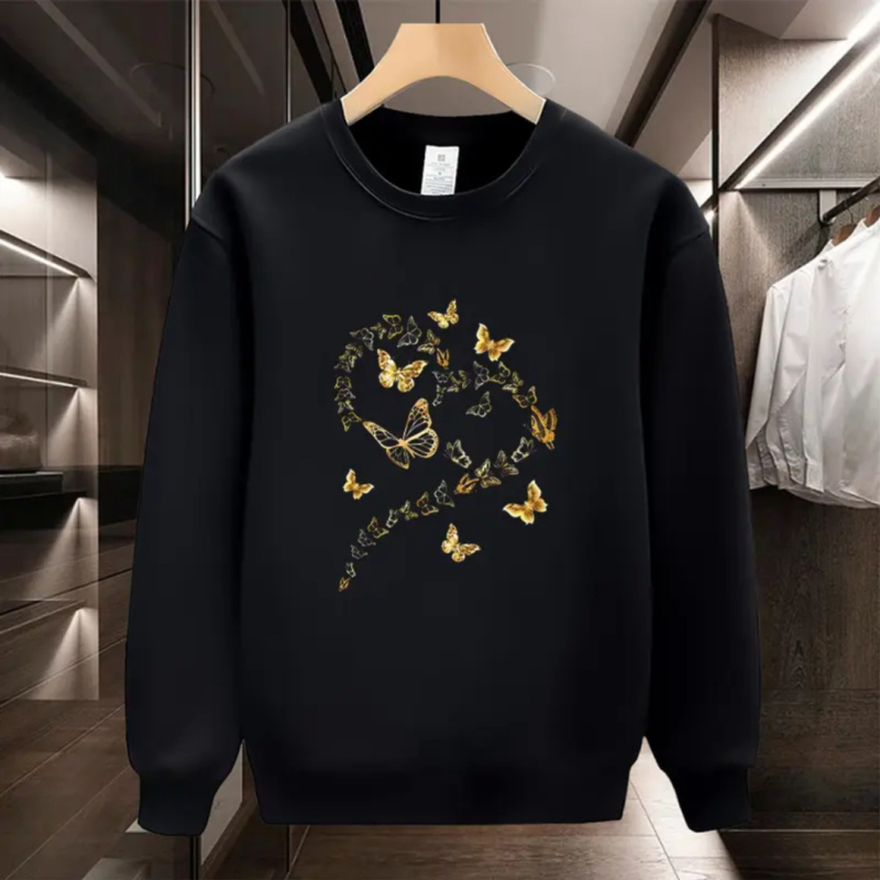 Unisex duksa s okruglim izrezom, fleece, opušten kroj, dugi rukavi, otisak leptir-srce