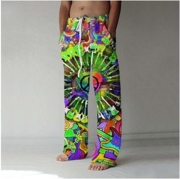 Ανδρικά εκτυπωμένα παντελόνια σε street-style με χαλαρή γραμμή, άνοιξη-φθινόπωρο, μέση μεσαίου ύψους, κλείσιμο με κορδόνι, πολυεστερικό μείγμα