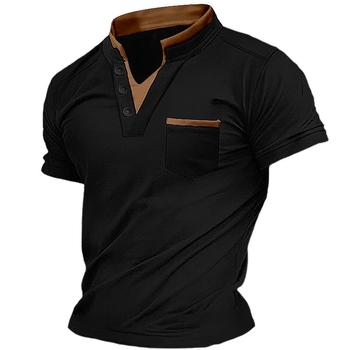 Muška Henley majica kratkih rukava sa stojećim ovratnikom i džepom s patchom, kopčanje; tkanina od spandex smjese, prozračna; težina tkanine 180–250 g; sportski stil, pogodno za ljeto, proljeće i jesen
