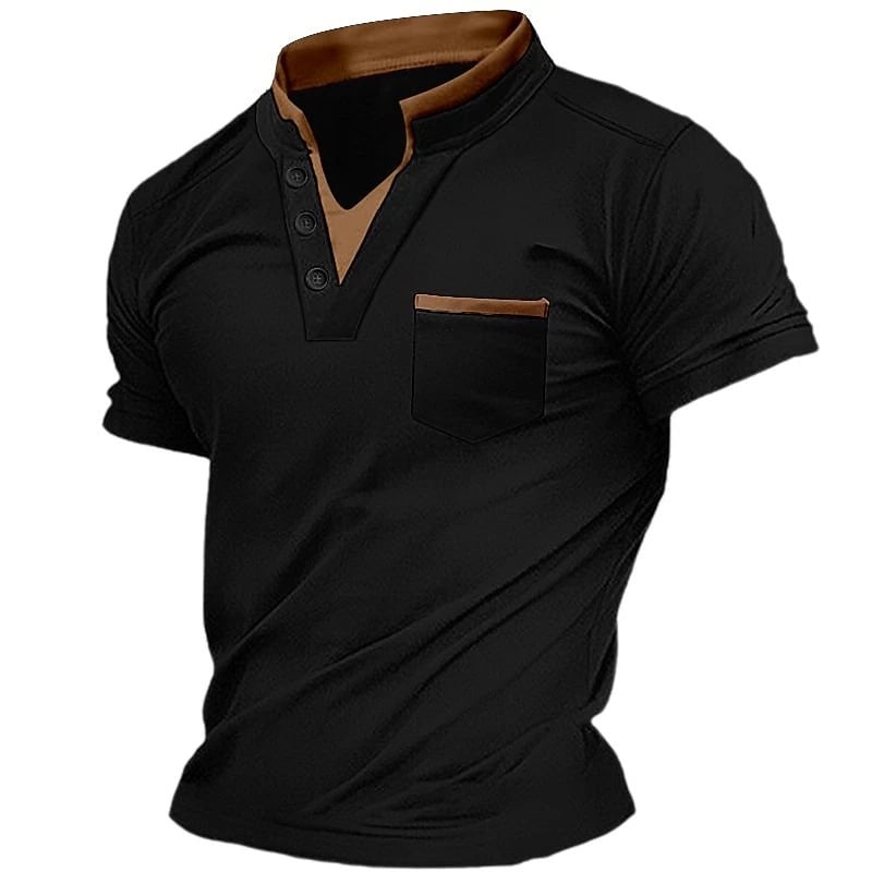 Muška Henley majica kratkih rukava sa stojećim ovratnikom i džepom s patchom, kopčanje; tkanina od spandex smjese, prozračna; težina tkanine 180–250 g; sportski stil, pogodno za ljeto, proljeće i jesen