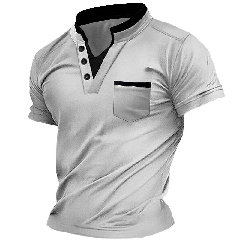 Muška Henley majica kratkih rukava sa stojećim ovratnikom i džepom s patchom, kopčanje; tkanina od spandex smjese, prozračna; težina tkanine 180–250 g; sportski stil, pogodno za ljeto, proljeće i jesen