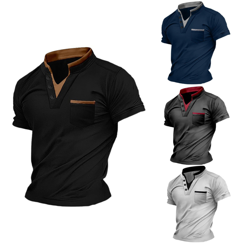 Muška Henley majica kratkih rukava sa stojećim ovratnikom i džepom s patchom, kopčanje; tkanina od spandex smjese, prozračna; težina tkanine 180–250 g; sportski stil, pogodno za ljeto, proljeće i jesen
