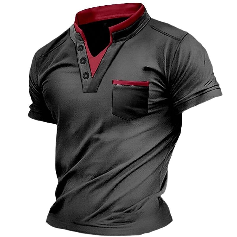 Muška Henley majica kratkih rukava sa stojećim ovratnikom i džepom s patchom, kopčanje; tkanina od spandex smjese, prozračna; težina tkanine 180–250 g; sportski stil, pogodno za ljeto, proljeće i jesen
