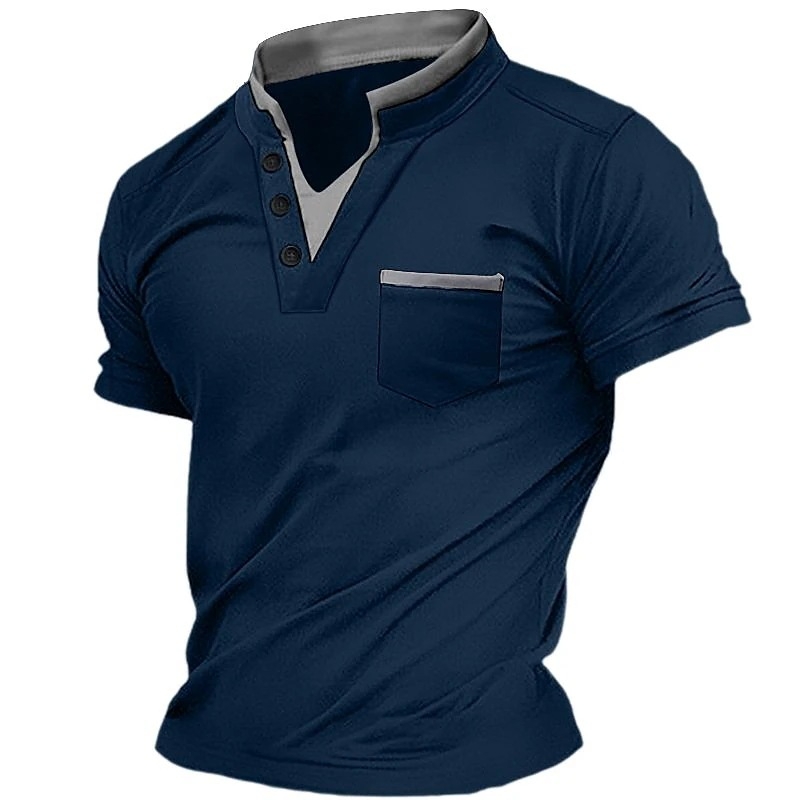Muška Henley majica kratkih rukava sa stojećim ovratnikom i džepom s patchom, kopčanje; tkanina od spandex smjese, prozračna; težina tkanine 180–250 g; sportski stil, pogodno za ljeto, proljeće i jesen