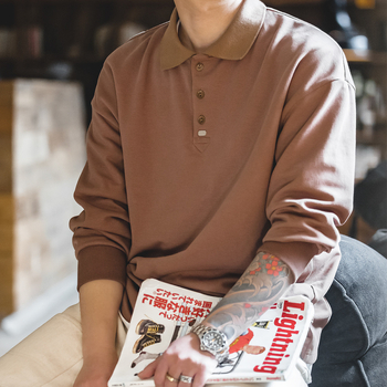 Ανδρικό πόλο με μακριά μανίκια, σε ιαπωνικό βιντάτζ στυλ, άνετη γραμμή, 53,2% πολυεστέρας / 46,8% βαμβάκι