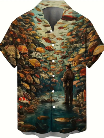 Ανδρικό πόλο πουκάμισο με κοντά μανίκια, στενή γραμμή, πολυεστέρας, εκτύπωση καρτούν, Καλοκαίρι 2024