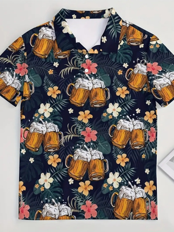 Ανδρικό πόλο πουκάμισο με κοντά μανίκια, στενή γραμμή, πολυεστέρας, εκτύπωση καρτούν, Καλοκαίρι 2024