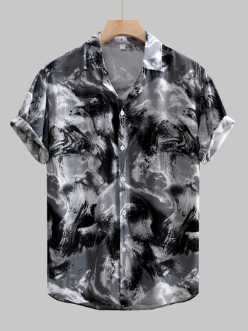 Мъжка риза от вискоза с флорален принт, къс ръкав, лафел яка, тесен силует.