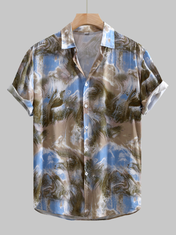 Мъжка риза от вискоза с флорален принт, къс ръкав, лафел яка, тесен силует.