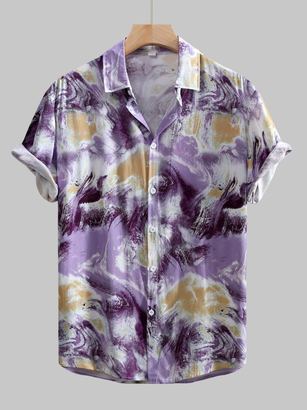 Мъжка риза от вискоза с флорален принт, къс ръкав, лафел яка, тесен силует.