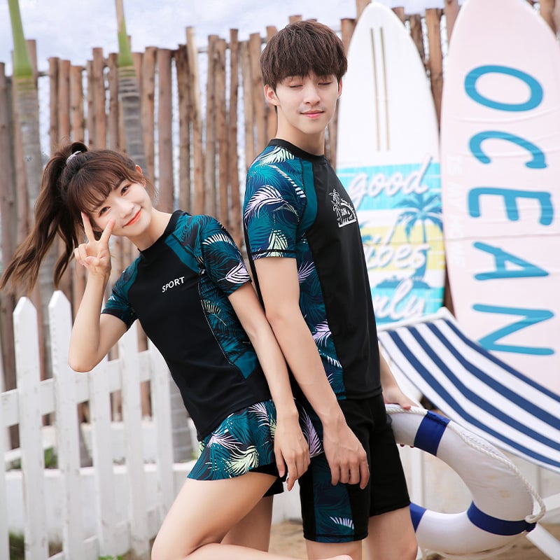 Σετ μαγιό για ζευγάρι: γυναικείος μαγιό με φούστα και αντρικό μαγιό με σλιπ-σόρτς - φλοράλ μοτίβο, γρήγορο στέγνωμα, πολυεστέρας με επένδυση πολυεστέρα-σπαντεξ