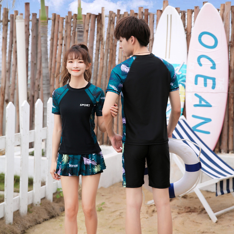 Σετ μαγιό για ζευγάρι: γυναικείος μαγιό με φούστα και αντρικό μαγιό με σλιπ-σόρτς - φλοράλ μοτίβο, γρήγορο στέγνωμα, πολυεστέρας με επένδυση πολυεστέρα-σπαντεξ