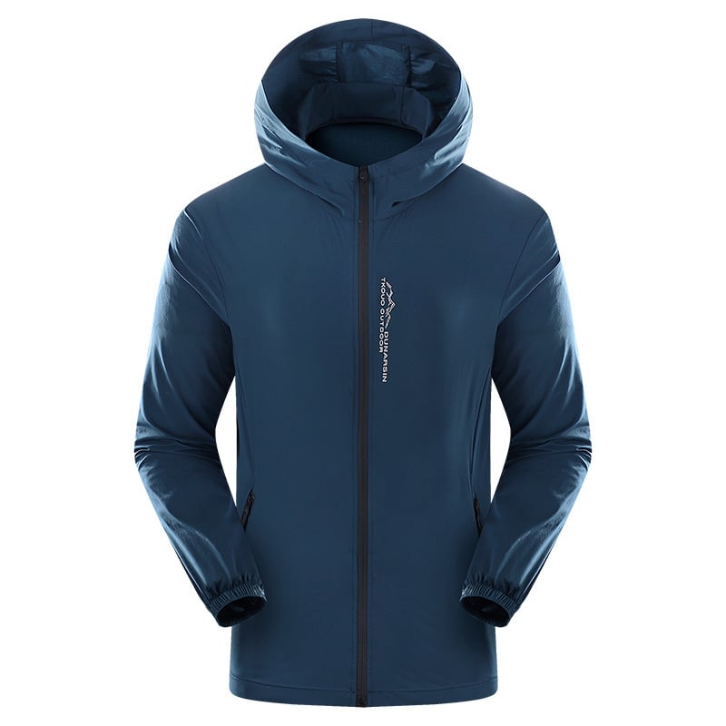 Vyrų apsauga nuo saulės su gobtuvu sportinė lengva striukė – priekyje užtrauktukas, poliesterio audinys, fleece storis, atspaustas raštas