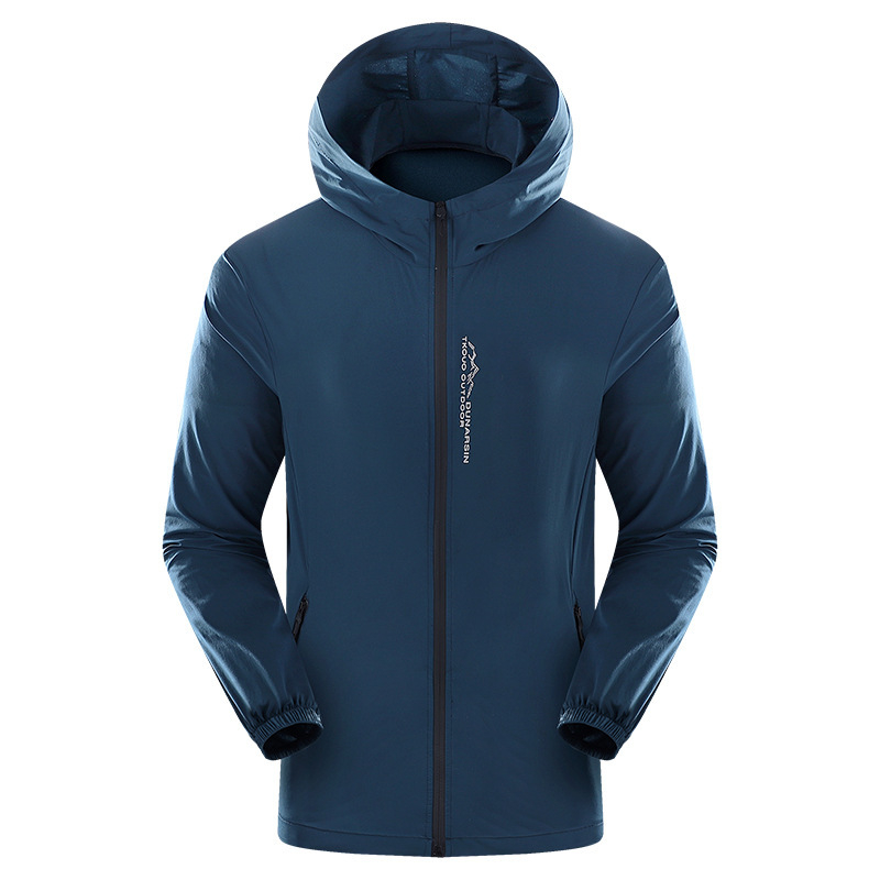 Vyrų apsauga nuo saulės su gobtuvu sportinė lengva striukė – priekyje užtrauktukas, poliesterio audinys, fleece storis, atspaustas raštas