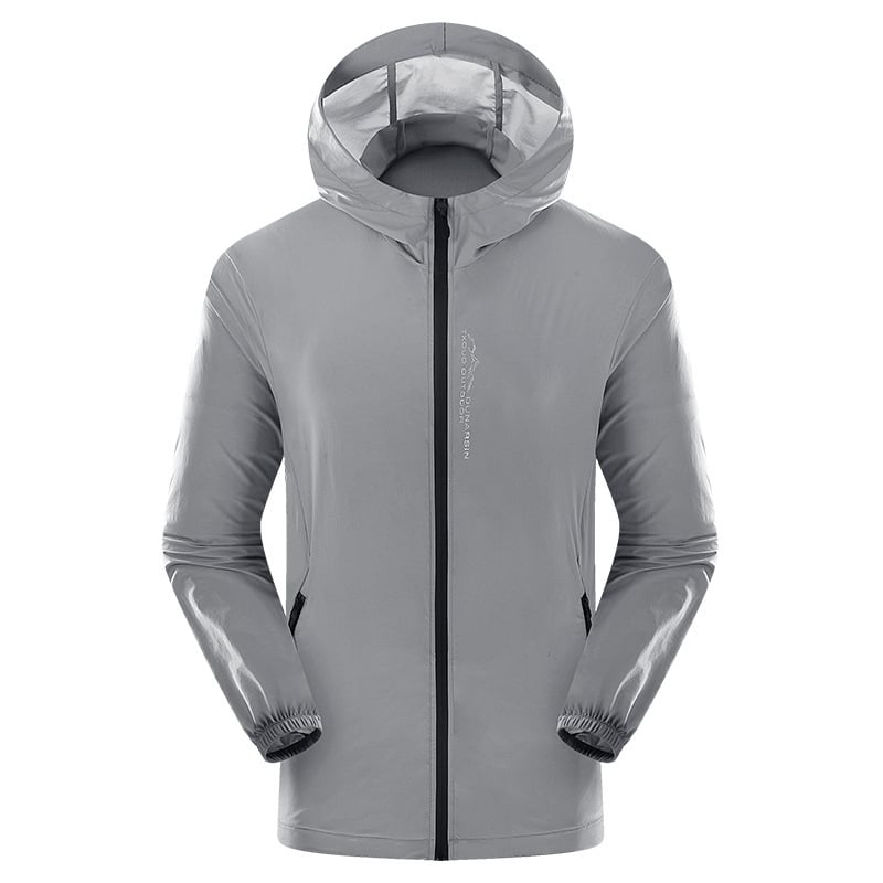 Vyrų apsauga nuo saulės su gobtuvu sportinė lengva striukė – priekyje užtrauktukas, poliesterio audinys, fleece storis, atspaustas raštas