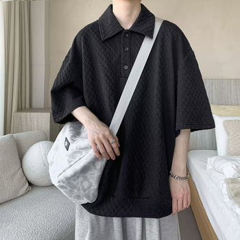 Πόλο πουκάμισο με κοντά μανίκια, γιακά τύπου lapel, χαλαρή εφαρμογή, μίξη πολυεστέρα