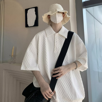 Πόλο πουκάμισο με κοντά μανίκια, γιακά τύπου lapel, χαλαρή εφαρμογή, μίξη πολυεστέρα