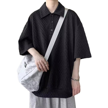 Πόλο πουκάμισο με κοντά μανίκια, γιακά τύπου lapel, χαλαρή εφαρμογή, μίξη πολυεστέρα