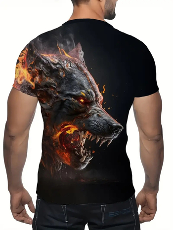 Ανδρικό T‑shirt με 3D εκτύπωση φλόγας-λύκου, πολυεστέρας, κοντά μανίκια, στρογγυλός λαιμός