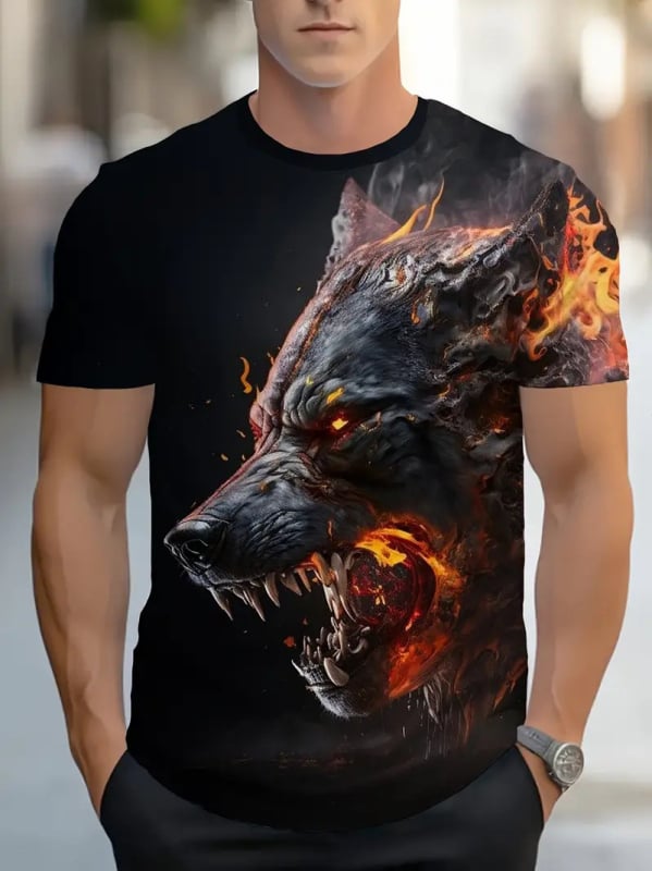 Férfi póló 3D nyomtatott lángoló farkas mintával, poliészter, rövid ujjú, kerek nyak