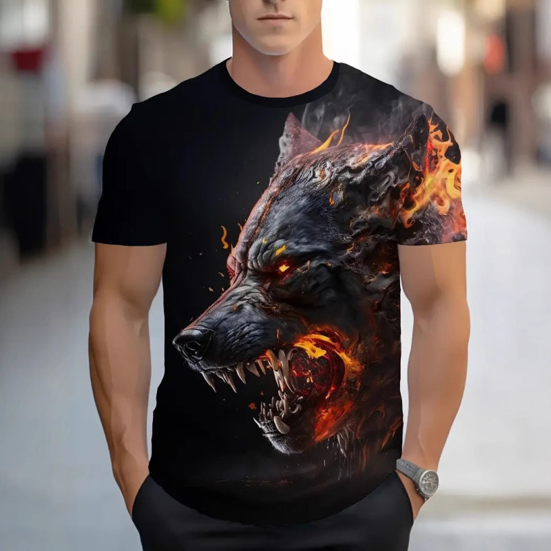 Férfi póló 3D nyomtatott lángoló farkas mintával, poliészter, rövid ujjú, kerek nyak