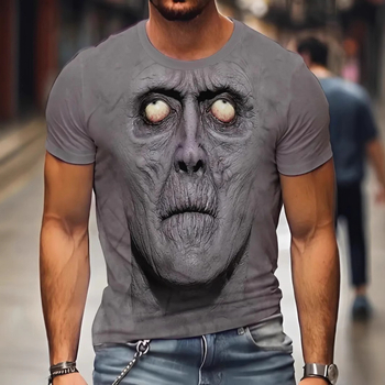 Tricou bărbătesc slim fit cu mânecă scurtă, guler rotund, imprimare 3D cu față horror de animație pe poliester respirabil